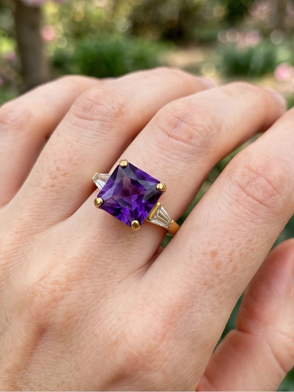 Avon VINTAGE Gold Ring with Square Purple Gem White Side Stones